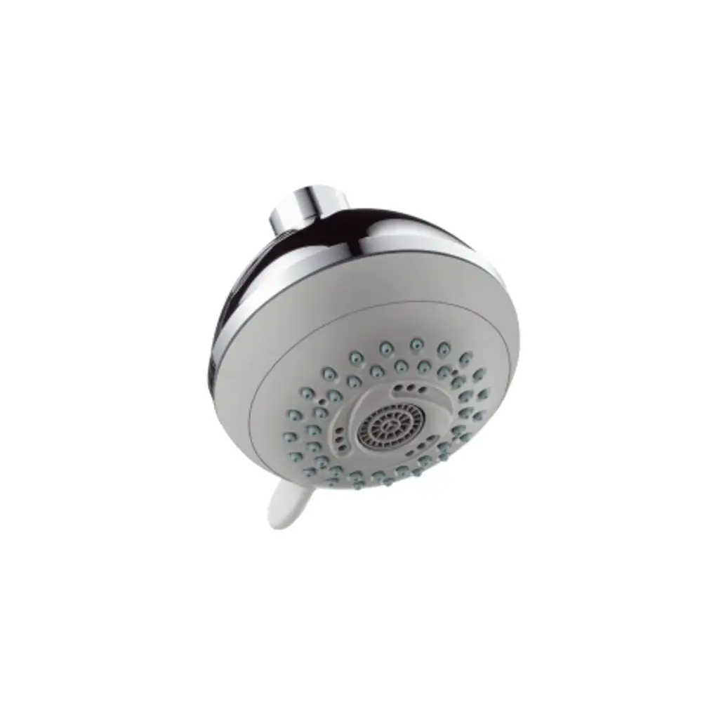 Kopfbrause in chromfarbener Optik mit mehreren Wasserstrahlarten von Hansgrohe. Die Dusche hat eine runde Form und zahlreiche Düsen für gleichmäßigen Wasserfluss.